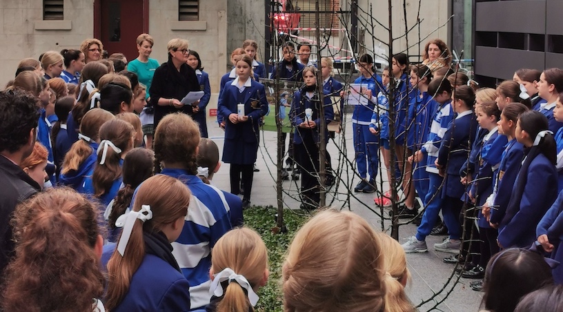 Year 6 students at the blessing of Teresa Ball Courtyard